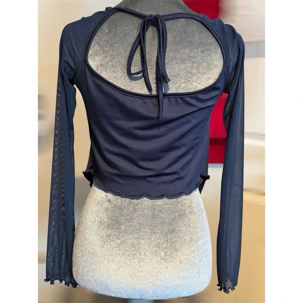 Y2K Navy Blue Mesh Sleeves Split Front O-Ring Crop Top Medium - Picture 3 of 6